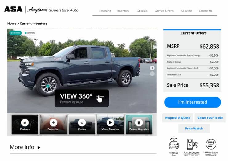 A Chevrolet Silverado available for sale on ASA's website, highlighted for potential buyers.