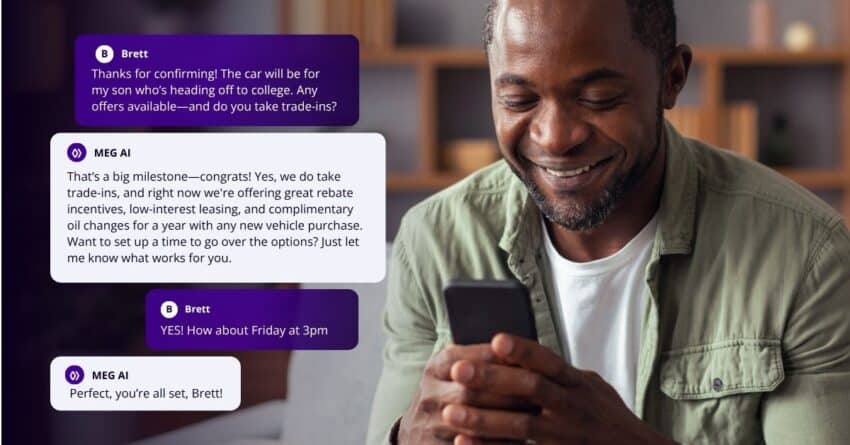 Man texting dealer about possible trade-in with AI assistant