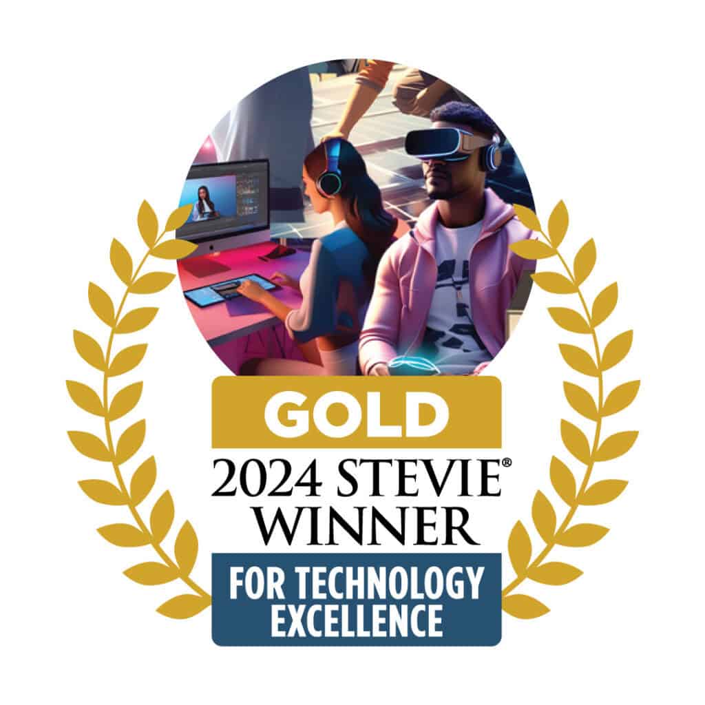 2024 Stevie Award winner badge for technology excellence with people using VR and computers.