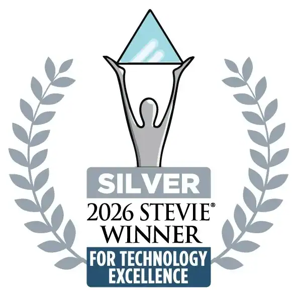 Silver 2026 STEVIE Winner for Technology Excellence award trophy with laurel wreath.