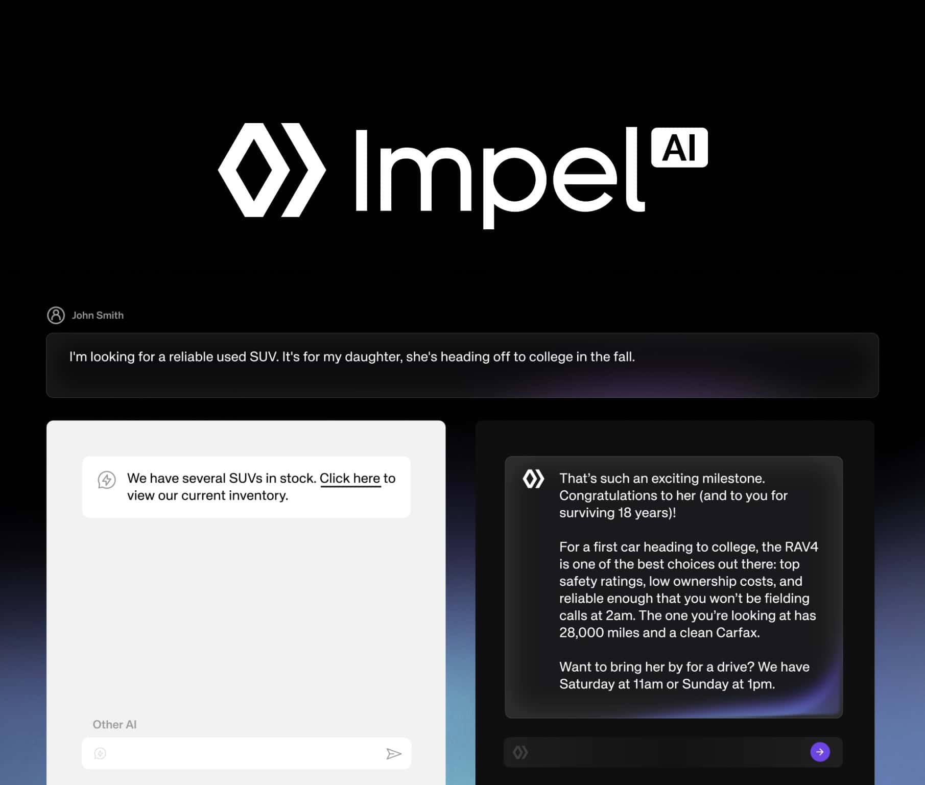 Impel AI logo displayed on a dark background with a chatbot interface showing a conversation about a.