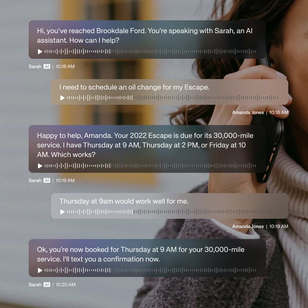 Customer service chat interface with conversation about scheduling an oil change for a vehicle.